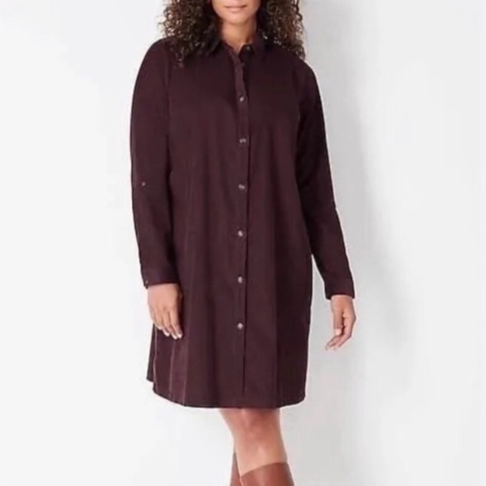 J. Jill Luxe Soft Corduroy Fine Wale Shirt Dress Roll Tab Sleeves Spiced Wine L‎